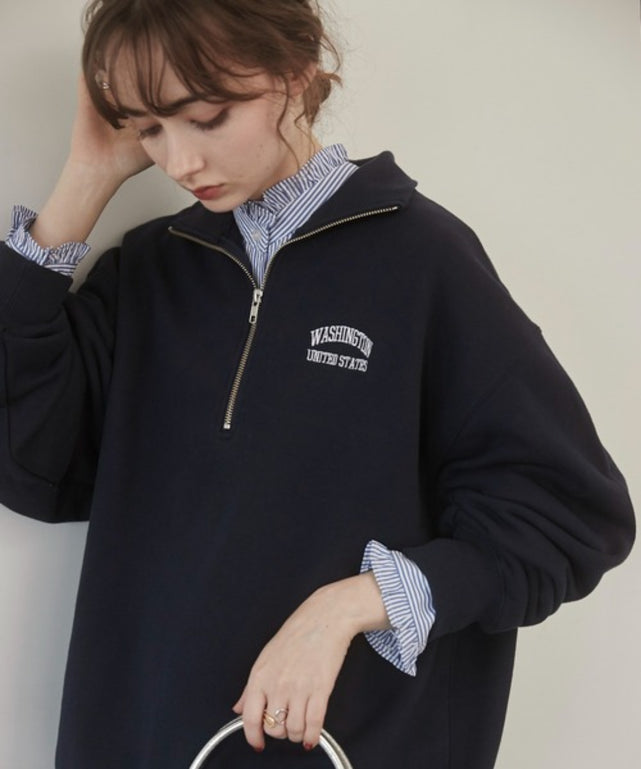 ワンポイント刺繍ハーフZIPスウェットプルオーバー/ネイビー
