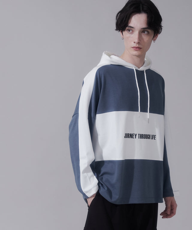 ドルマンポンチフードT（LS）/ブルー　モデル:180cm　L着用