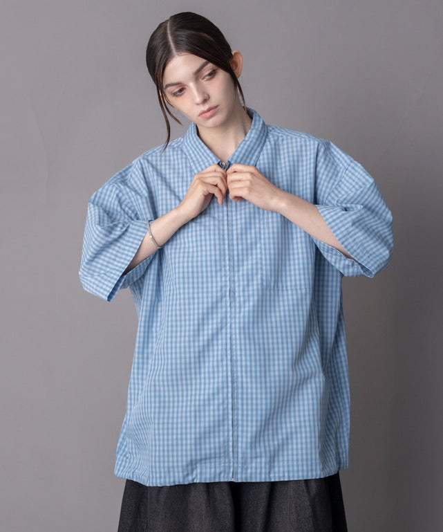 ミニオンブレZIPシャツ（SS）/ブルーチェック1 モデル：162cm M着用