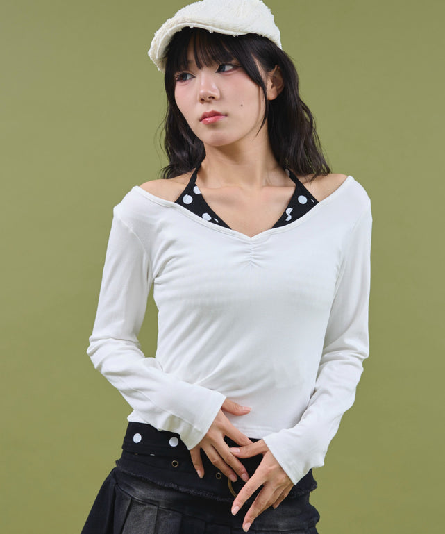 ドッドレイヤードトップス/ホワイト モデル：160cm F着用