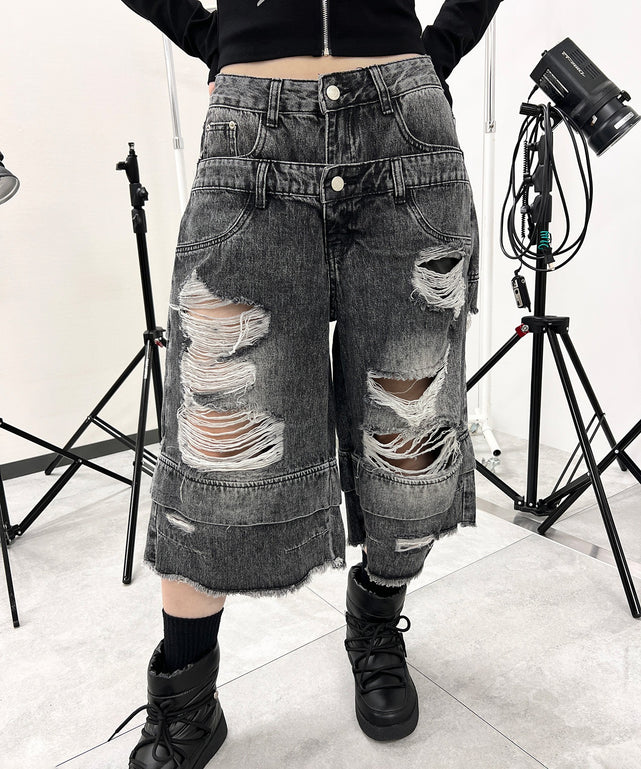 ダブルウエストクラッシュハーフパンツ/ブラック モデル：159㎝ S着用