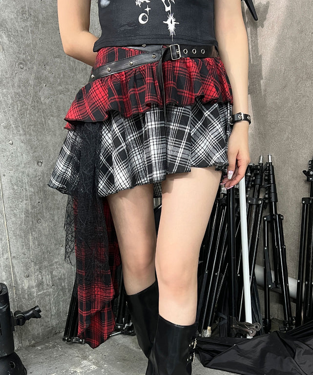パンクレイヤードチェックイレヘムスカート/柄1  モデル：154㎝ FREE着用