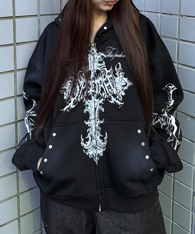 Y2Kゴシッククロスジップパーカー/ブラック モデル：159cm F着用