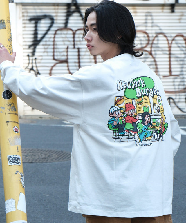 別注NEW　JACKグラフィックT（LS）/ホワイト モデル：175cm L着用