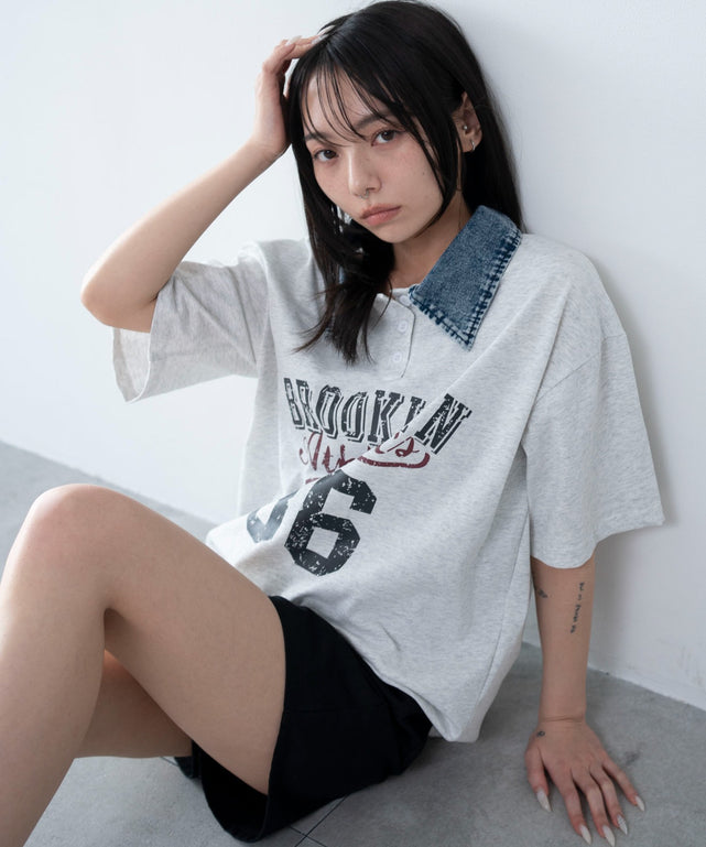 デニム襟付きロゴT/杢グレー　モデル：159cm F着用