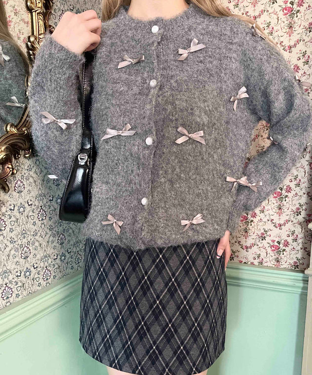 モヘアタッチリボンニット/グレー モデル：160㎝ F着用