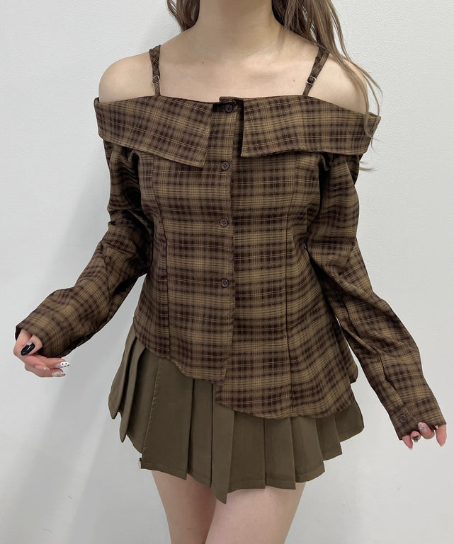 リボンベルトオフショルチェックシャツ/ブラウン モデル：160㎝ F着用