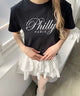 PHILLYロゴ刺繍Tシャツ/ブラック モデル：160㎝ F着用
