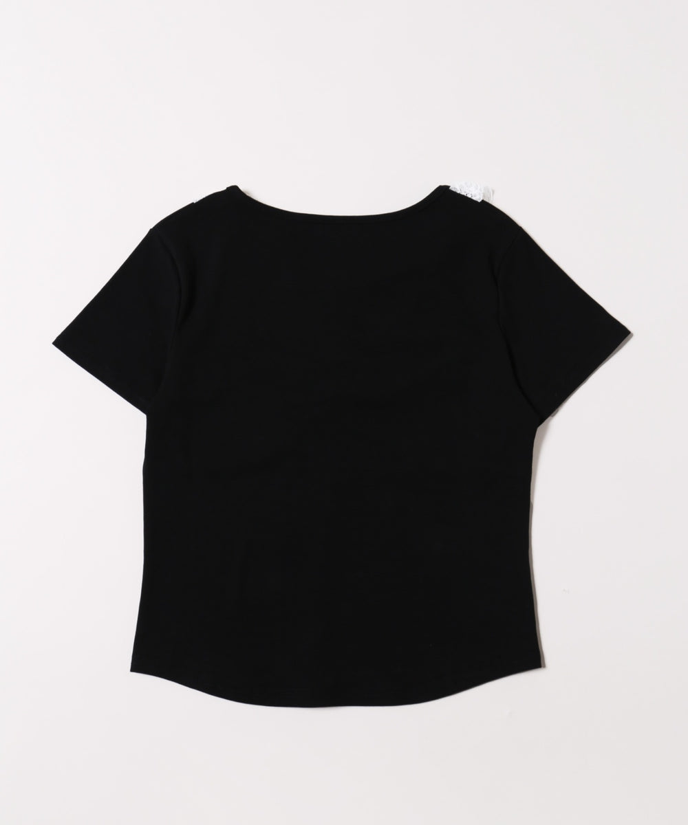 フロントギャザーレースネックTシャツ