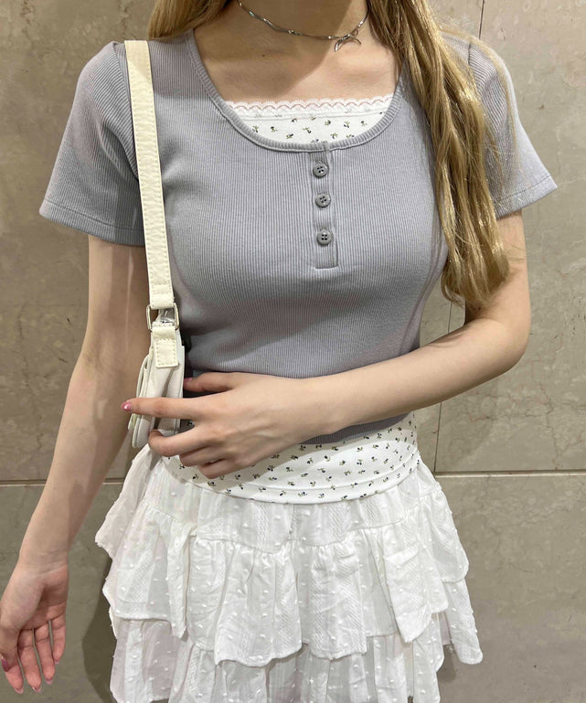 フェイクレイヤードTシャツ/グレー モデル：160㎝ F着用