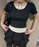 フェイクレイヤードTシャツ/ブラック モデル：160㎝ F着用