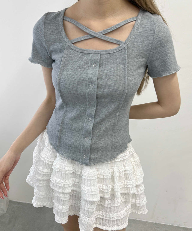 クロスデザインTシャツ/グレー モデル：160㎝ F着用