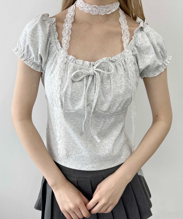 ミニパフスリーブリボンTシャツ/グレー モデル：160㎝ F着用