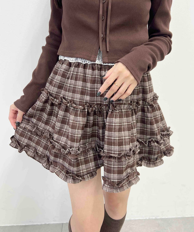チェックフリルミニスカート/ブラウン モデル：157㎝ F着用