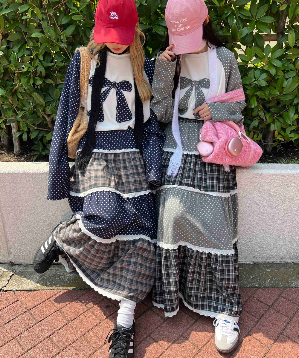 ドットラグランパッチワークロンT