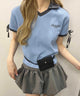 襟付きリボンワッフルTシャツ/ブルー モデル：160㎝ F着用
