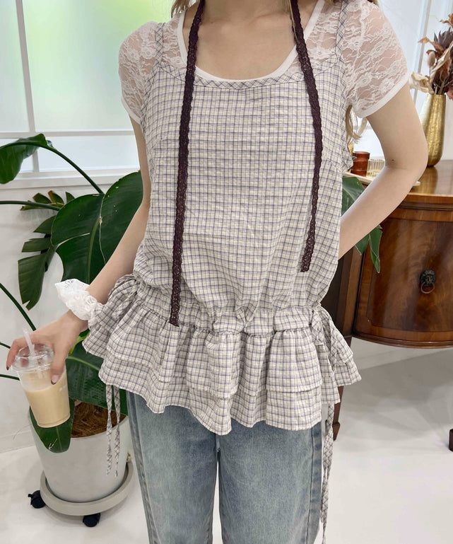 サイドリボンチェックキャミチュニック/ホワイトその他 モデル：160㎝ F着用