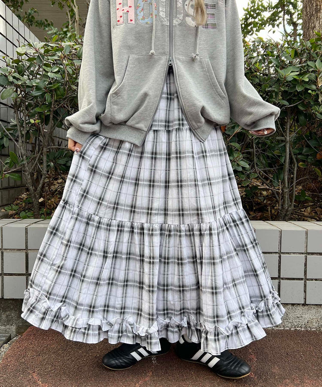 オンブレチェックティアードロングスカート/ホワイト モデル：160㎝ F着用