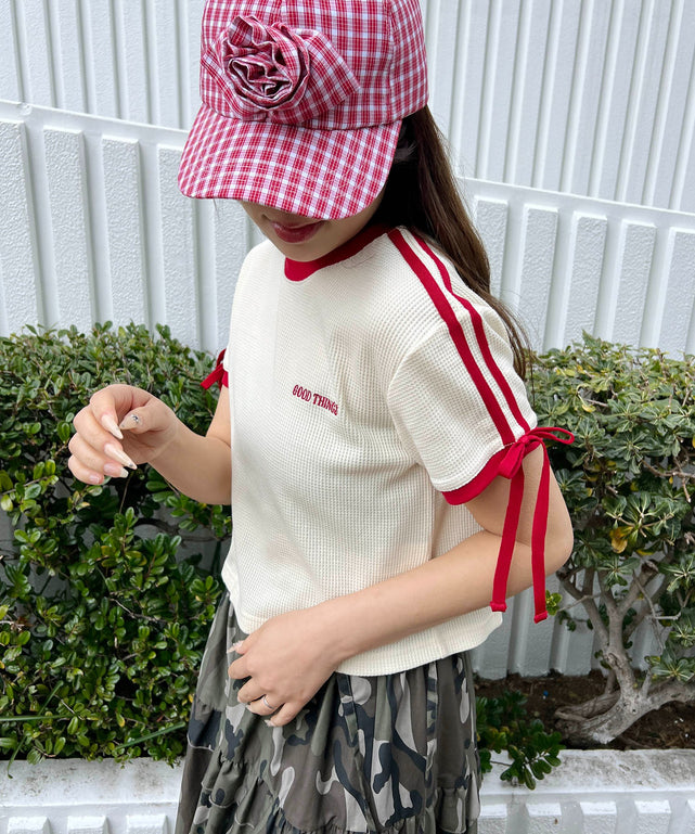 リボンポイント2ラインワッフルTシャツ/ホワイトアイボリー モデル：155㎝ F着用