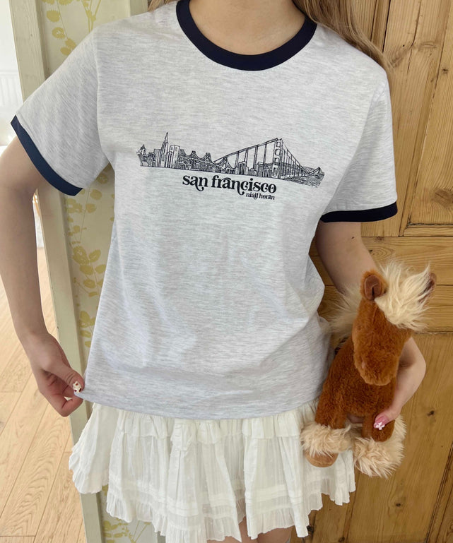 プリントリンガーTシャツ/グレー モデル：160㎝ F着用