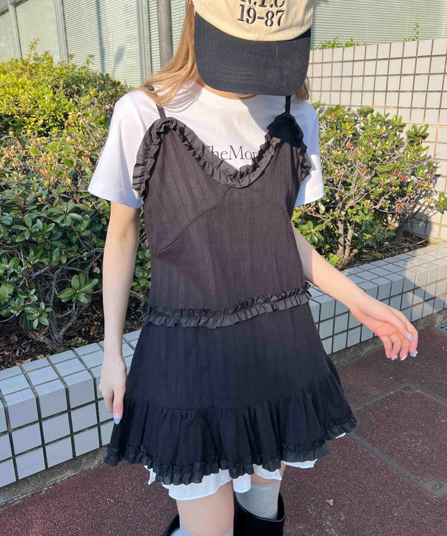 フリルデザインミニワンピ/ブラック モデル：160㎝ F着用