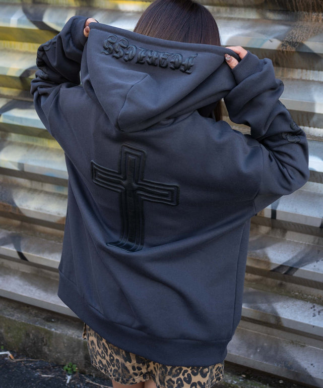 グラフィック裏起毛ZIPビッグパーカー/グレー モデル：155cm F着用