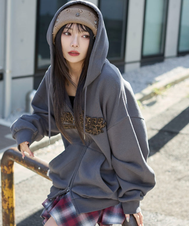 レオパードワッペンダブルZIPパーカー/スミクロ　モデル：159cm L着用