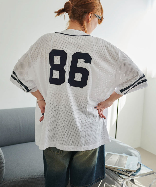 ベースボールメッシュビッグシャツ/ホワイト　モデル:155cm F着用