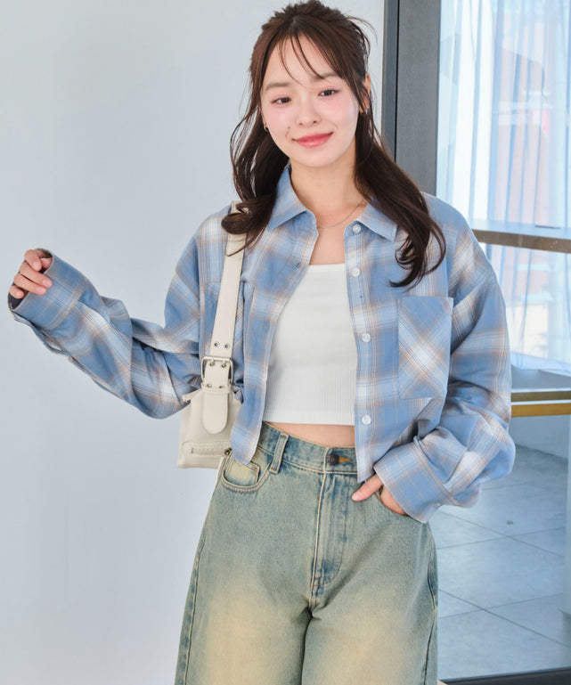 チェックショートシャツ/サックス モデル：165cm F着用