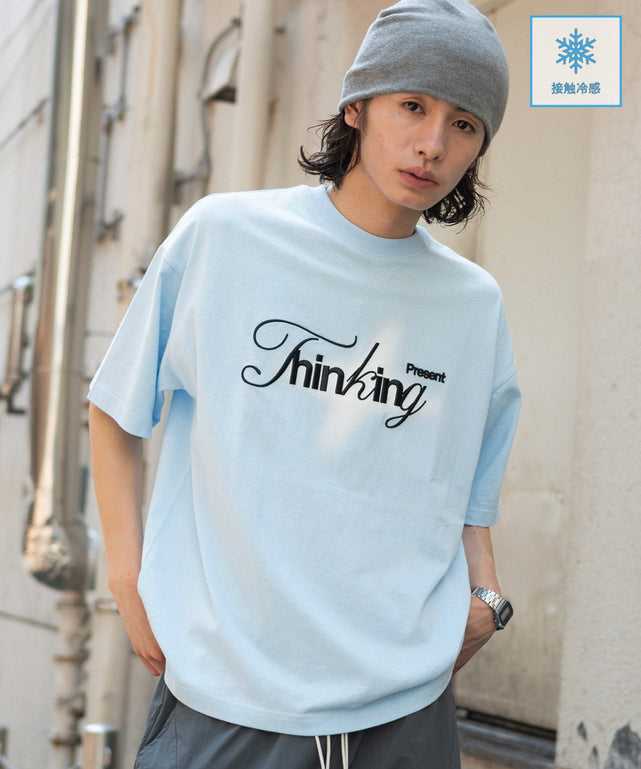 接触冷感3D刺繍T(SS)/サックス モデル：182cm L着用
