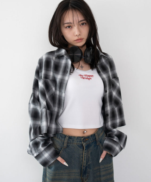 ショートチェックシャツ/ブラック　モデル：159cm F着用