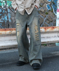 ダブルニーダメージデニムパンツ