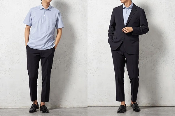 サックスブルーのポロシャツにジャケットをオン
