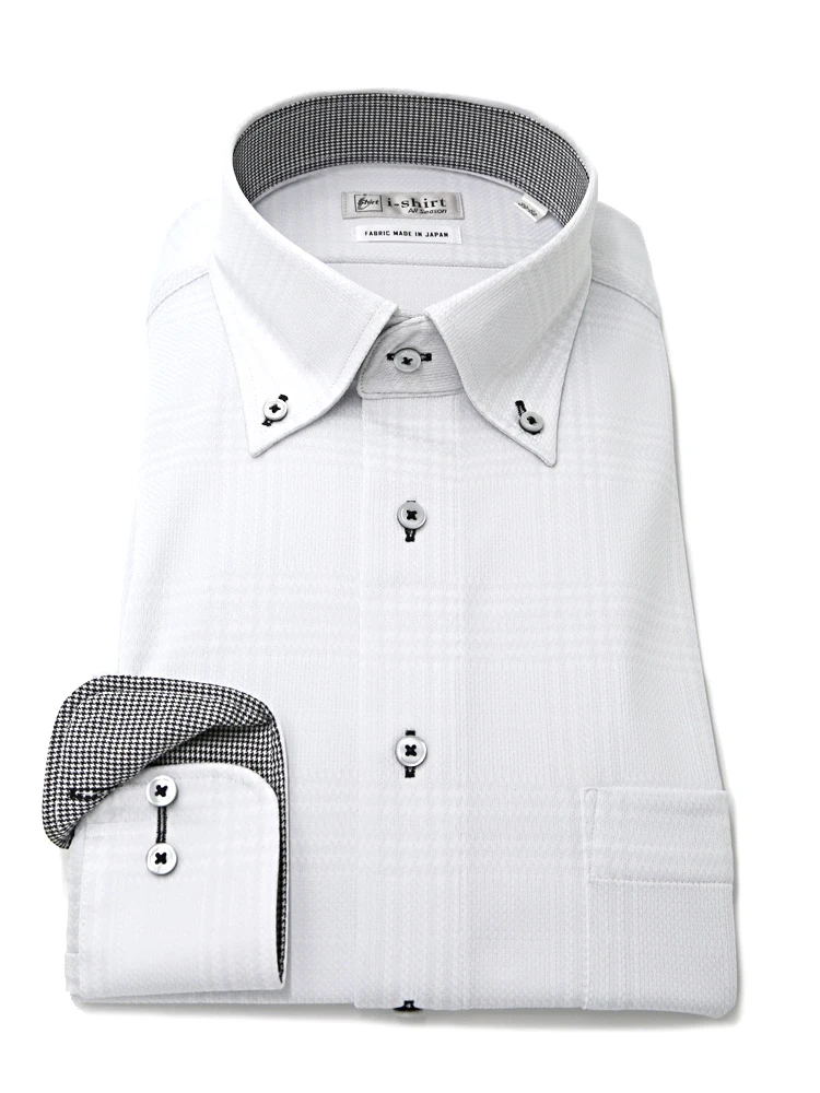 【完全ノーアイロン】長袖アイシャツボタンダウン【ジャガードシリーズ】グレンチェック調ワイシャツi-shirt通年
