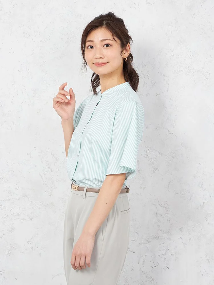 【涼感】ブラウス半袖バンドカラーストライプ【形態安定/遮熱/UVカット/透け防止/接触冷感】SOFFICE春夏【レディース】