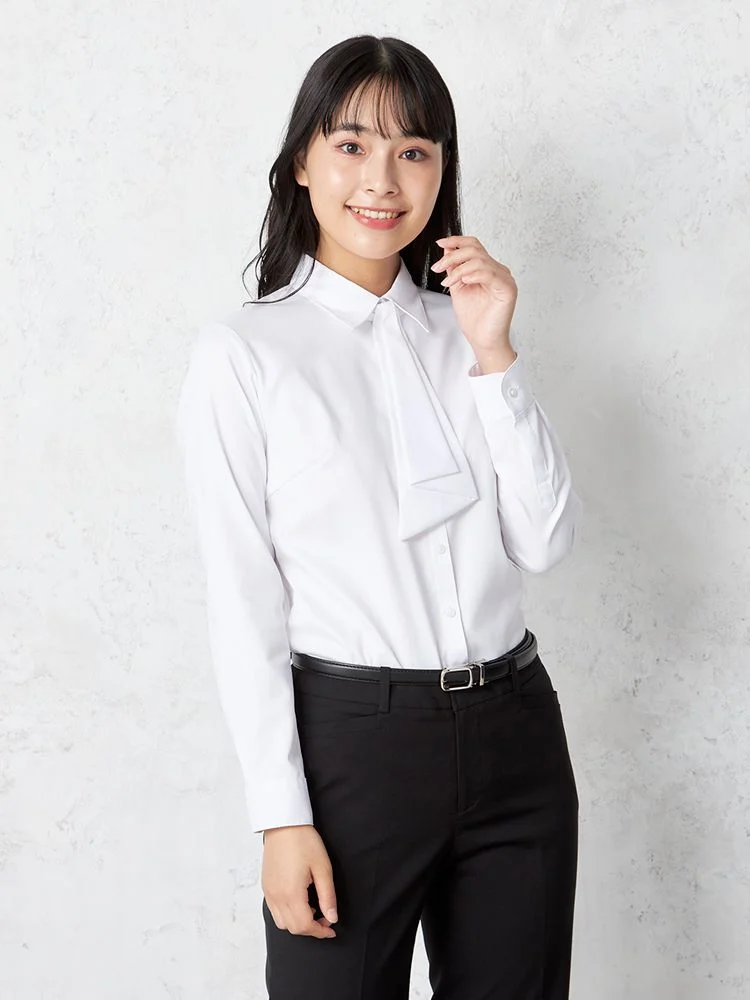 【2WAY】長袖ブラウス取り外しボウタイ付きレギュラーカラー形態安定透け防止織柄無地GraceField通年【レディース】