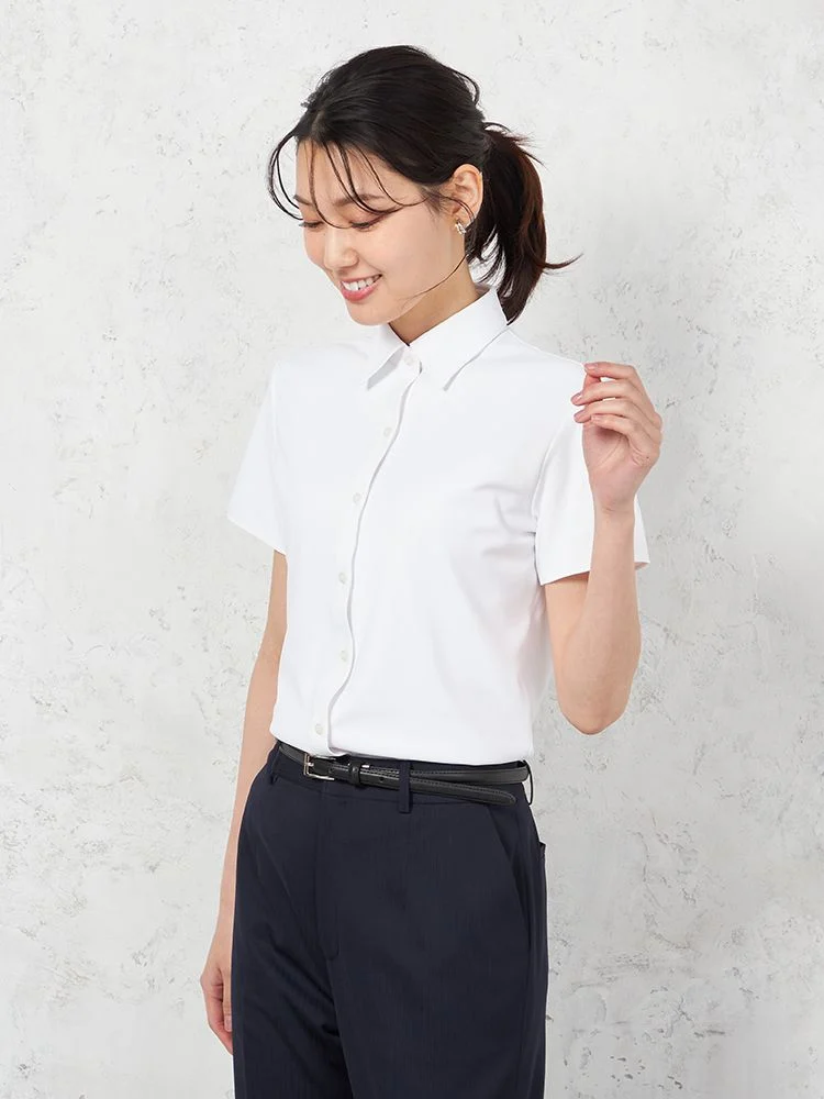 【完全ノーアイロン】半袖ブラウスi-shirt透け防止白無地レギュラーカラーアイシャツ春夏【レディース】