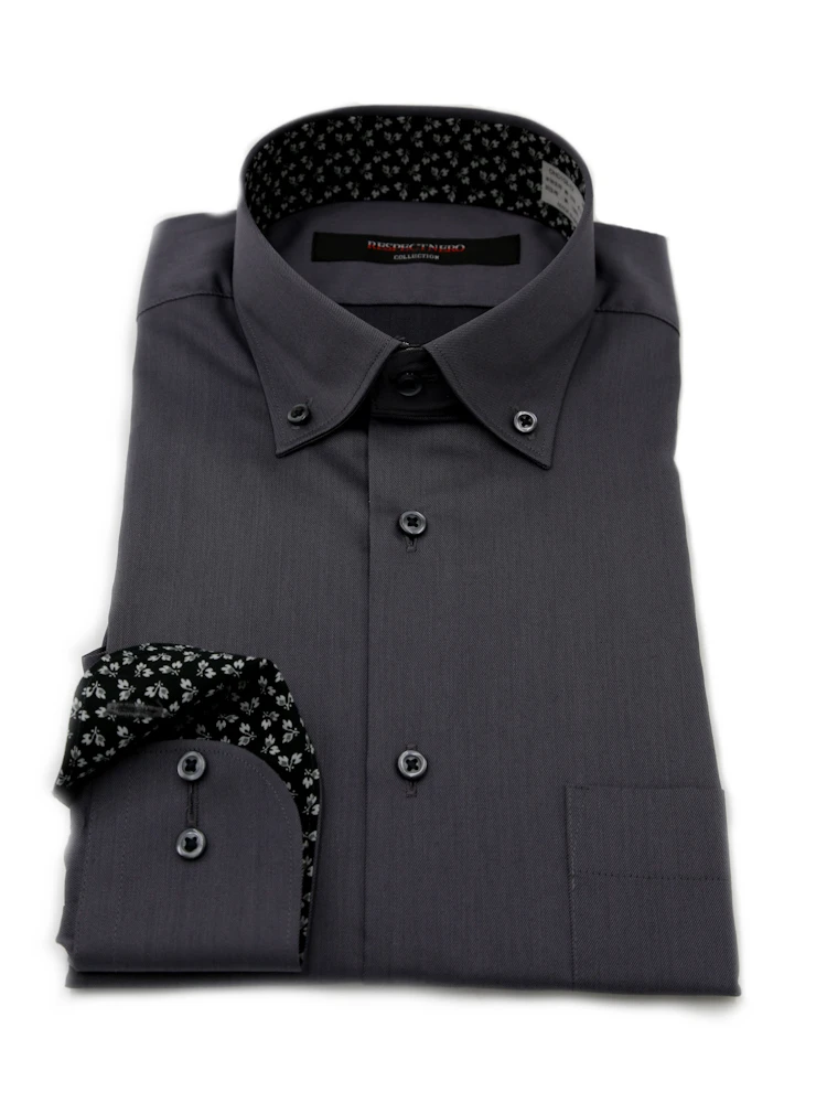 【形態安定】長袖ワイシャツボタンダウンソラーロカラーシリーズ織柄無地nero通年【スリムデザイン】