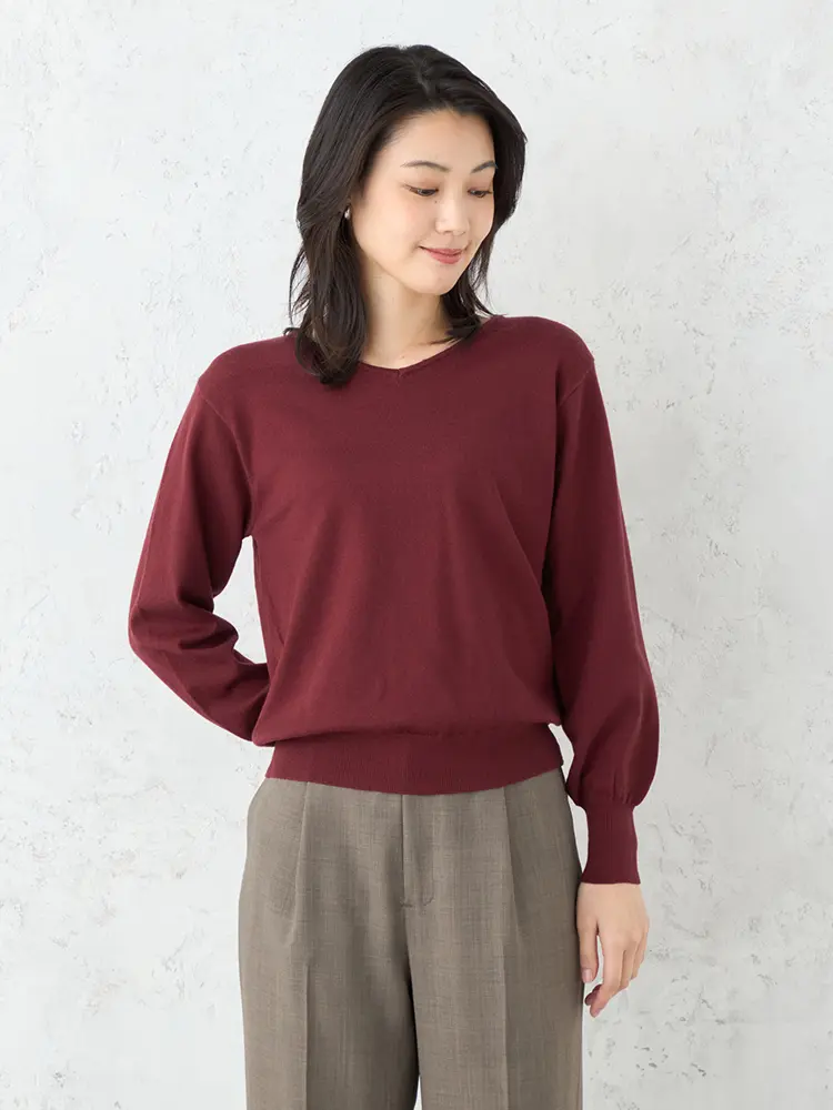 【SOFFICE】抗ピルVネックパフスリーブニットカットソーウォッシャブル放電抗ピリング秋冬【レディース】