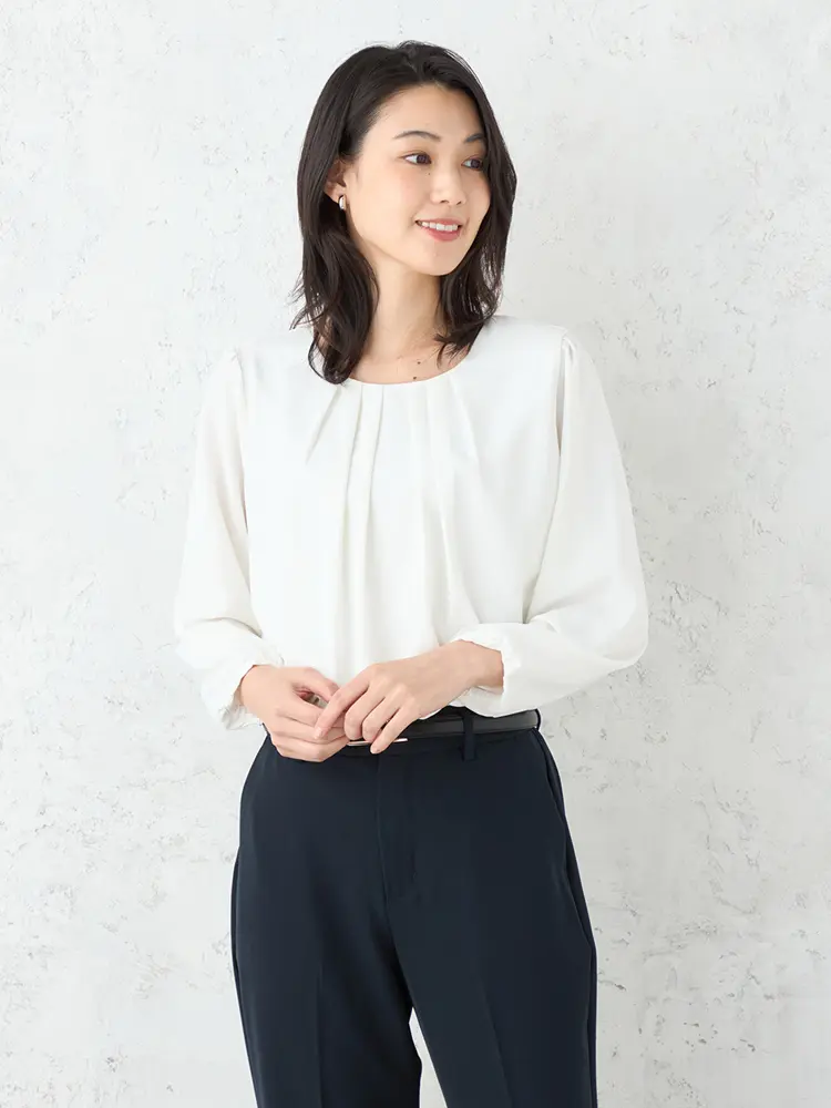 【SOFFICE】2枚仕立てフロントタックブラウスカットソー長袖プルオーバーソフィーチェ消臭加工ウォッシャブル通年【レディース】