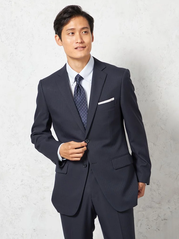 【即納】スーツ2つボタン【WEB限定】上下ウォッシャブルシャドウストライプネイビー通年