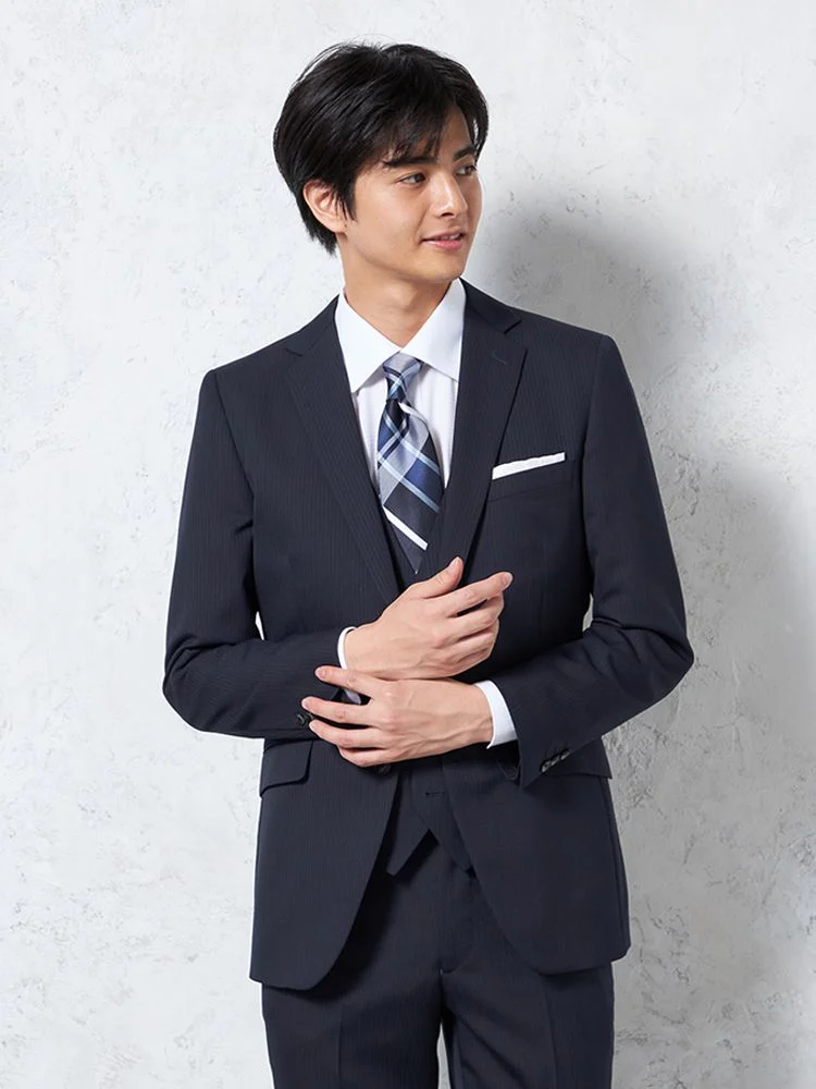 【パンツウォッシャブル】スリーピーススーツ2つボタンウール混素材ストライプnero【スリムデザイン】