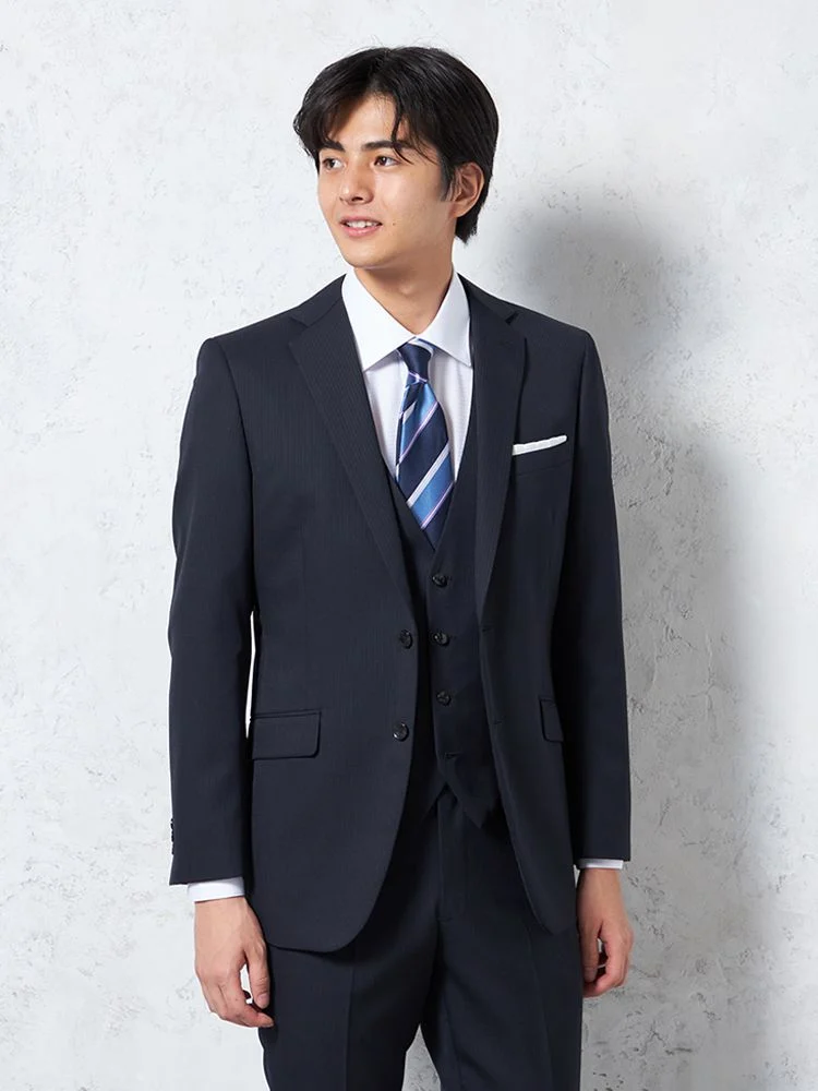 【パンツウォッシャブル】スリーピーススーツ2つボタンウール混素材ストライプnero【スリムデザイン】