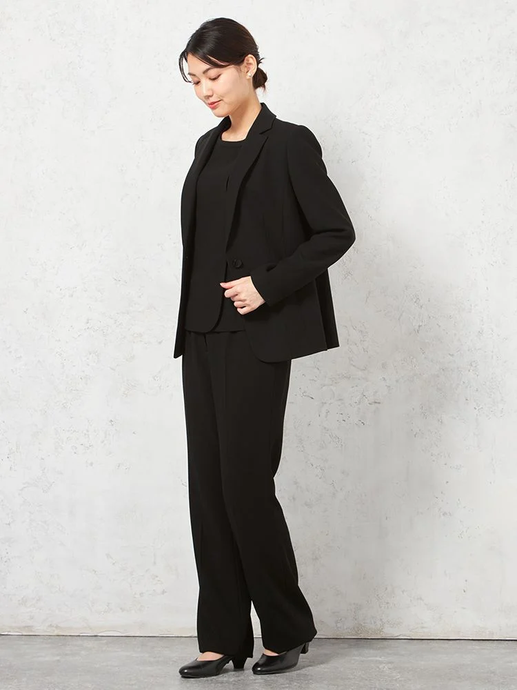 【ストレッチ】フォーマル3点セットジャケットパンツブラウス黒無地YUMIKATSURAEnForm通年礼服【レディース】