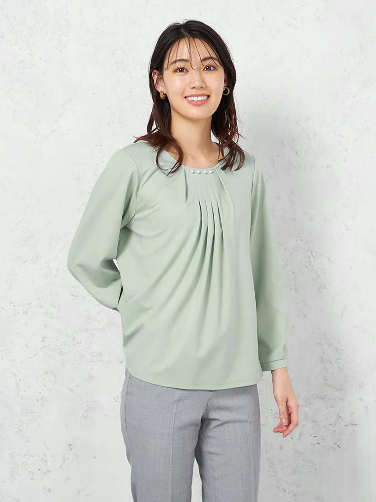 【レーヨン混】長袖ドレープポンチパール付きカットソーストレッチ無地SOFFICE通年【レディース】