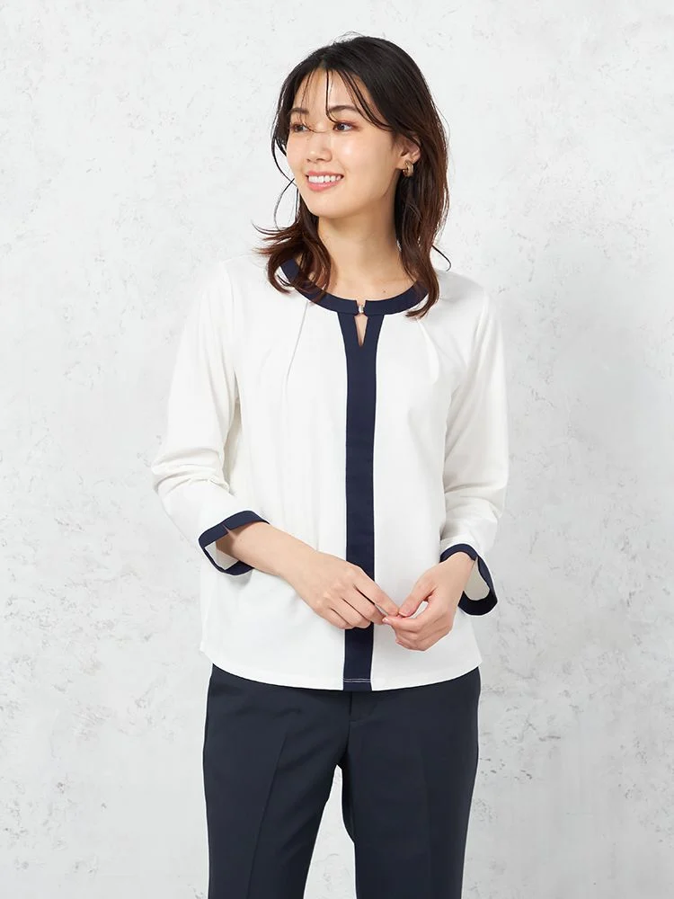 【レーヨン混】長袖ドレープポンチ前ホック配色カットソーストレッチ無地SOFFICE通年【レディース】
