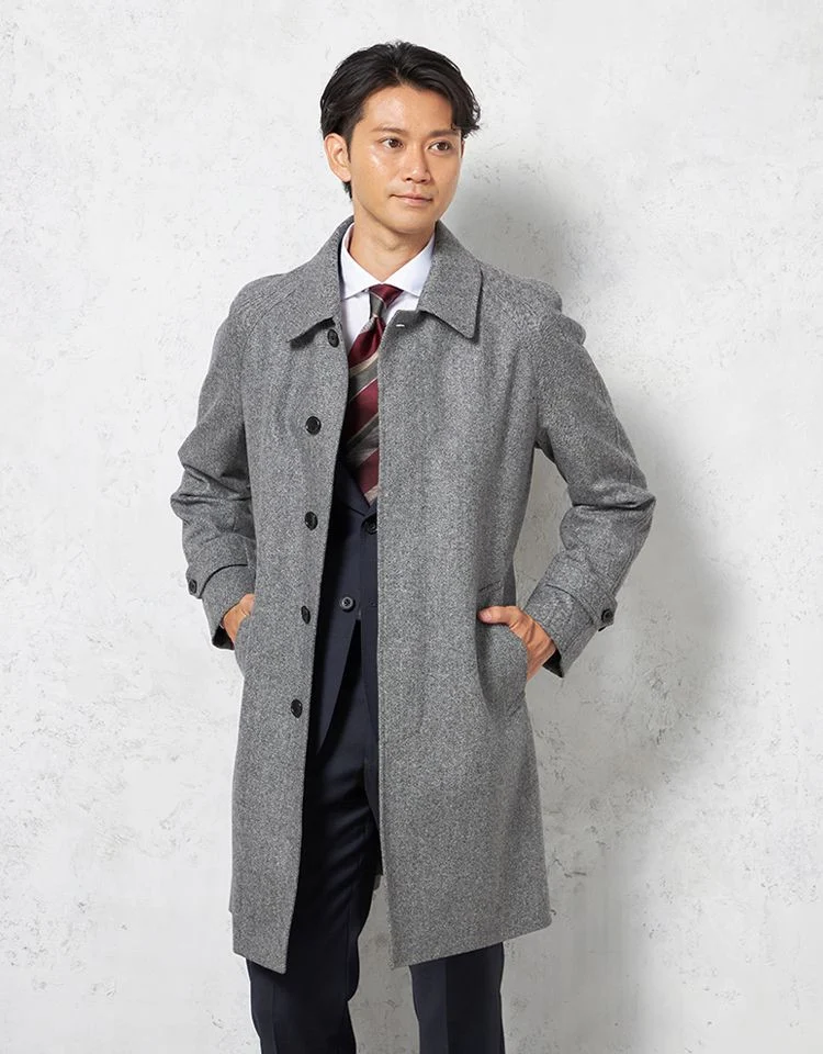 【ウール混】ステンカラーコート尾州産ウール使用ラグランスリーブヘリンボンリッケンバッカー秋冬
