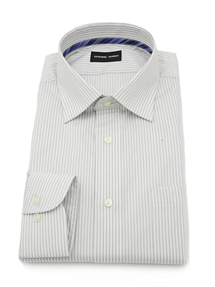 【KATHARINEEHAMNETT-キャサリン・イー・ハムネット-】長袖ワイシャツセミワイドグレーストライプ柄リサイクル素材使用通年