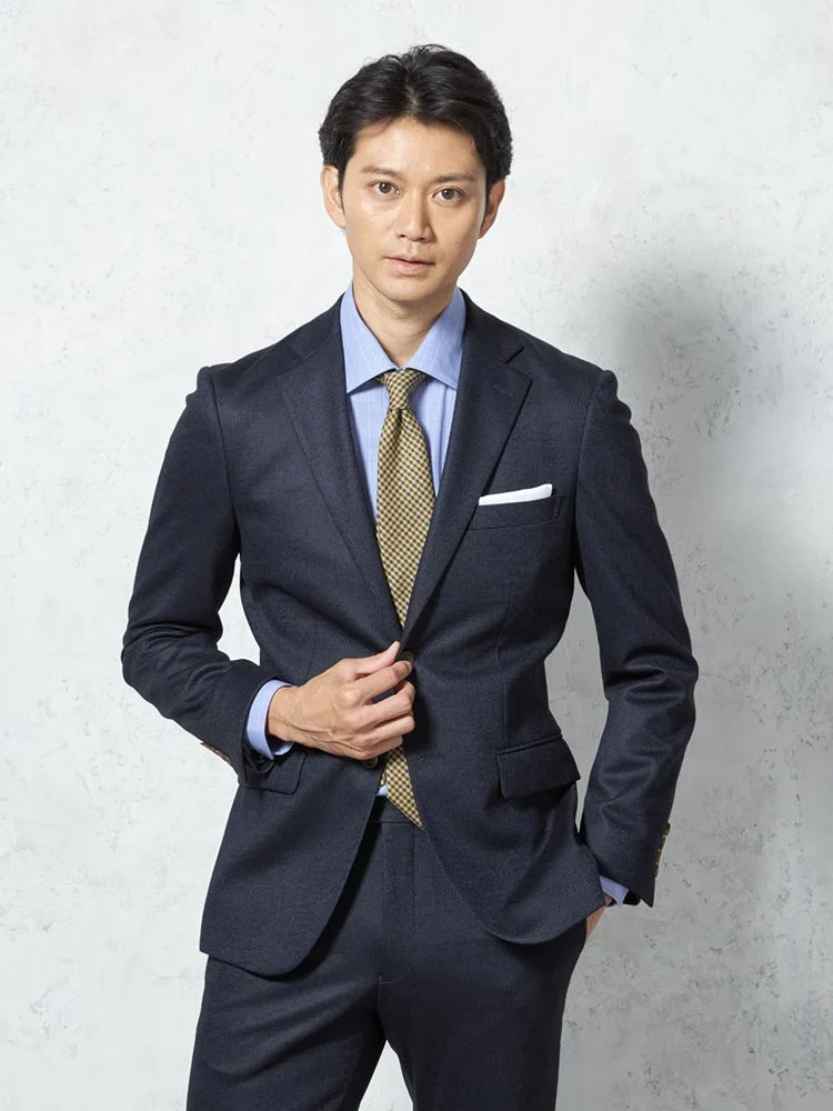 【ウール混】スーツ2つボタン尾州素材使用ニット素材ネイビーチェックS＆MBLUELABEL【i-Suit-アイスーツ-】秋冬