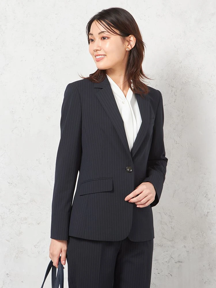 【働ラク肩ラクスーツ】ジャケット1つボタンウォッシャブルストレッチネイビーストライプSOFFICE秋冬【レディース】